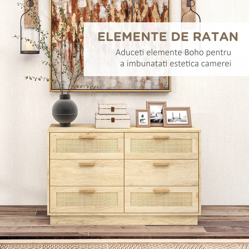 HOMCOM cu 6 sertare în stil Boho pentru dormitor și hol, din lemn și rattan, 110x40x69 cm, Stejar | Aosom Romania