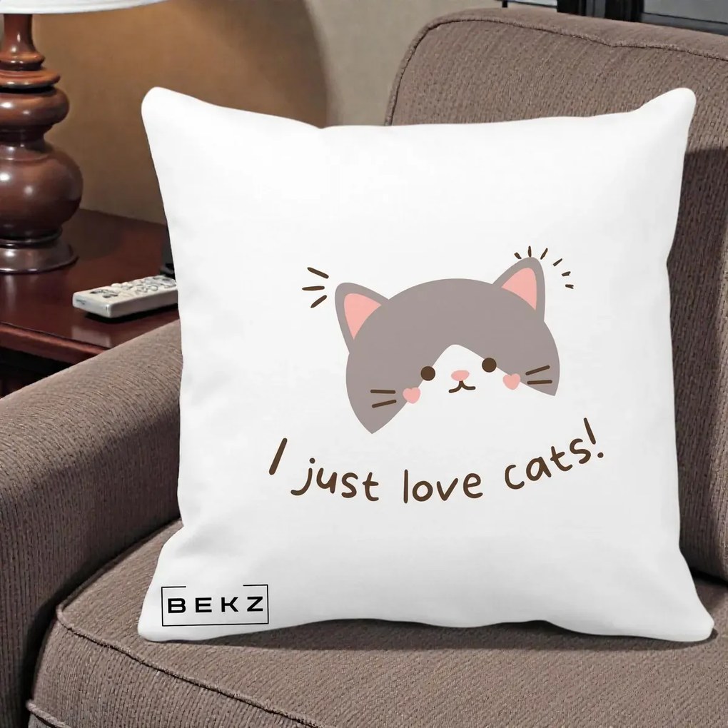 Perna Personalizata I Just Love Cats Pisica Kawaii, 40x40 cm, Alba Mata, Husa Detasabila, Perna Inclusa, BEKZ®