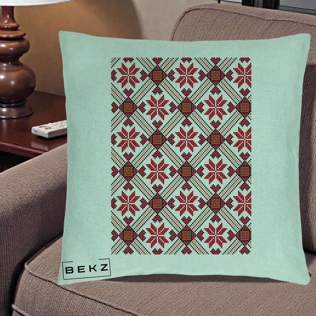 Perna Personalizata Motiv Traditional Ie Romaneasca Rosu, 40x40 cm, Verde Menta, Husa Detasabila, Perna Inclusa, BEKZ®