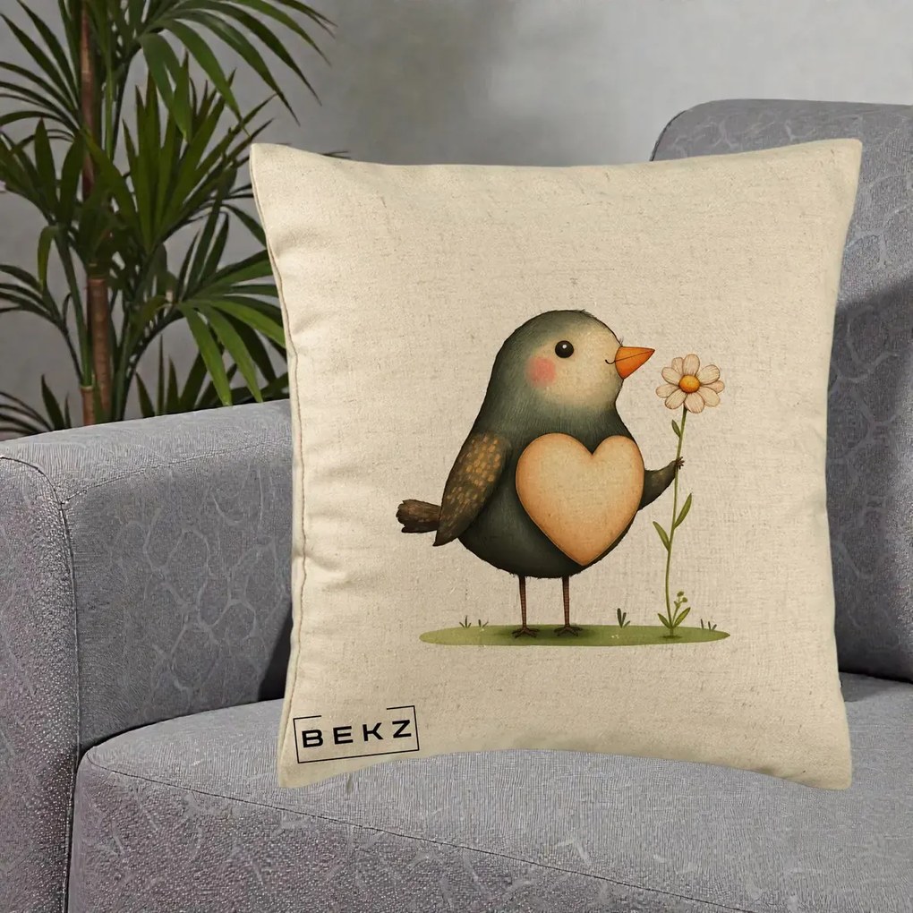 Perna Decorativa Pasare cu Inima si Margareta, 40x40 cm, Bej, Husa Detasabila, Perna Inclusa, BEKZ®