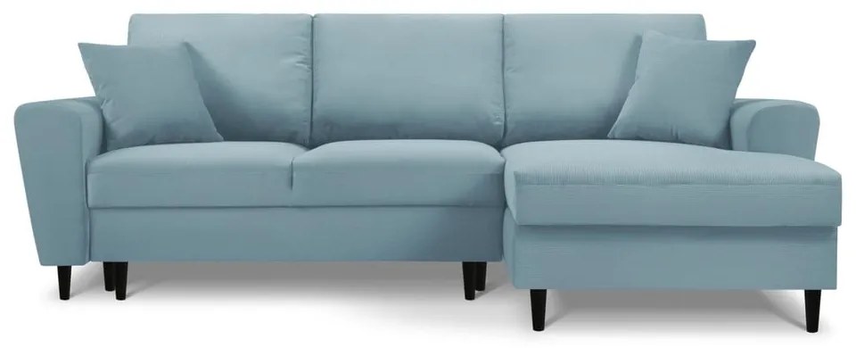 Colțar albastru deschis extensibil, cu spațiu de depozitare cu tapițerie din catifea reiată (cu colț pe partea dreaptă, cu șezlong) Kyoto – Cosmopolitan Design