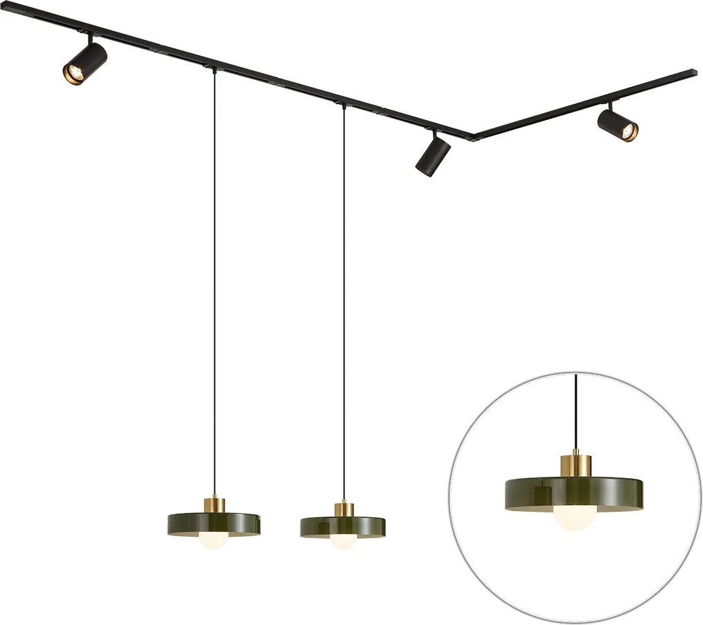 Sistem de șine modern negru cu 2 pendule verzi și 3 spoturi monofazate - Iconic Jeana Luxe Jina