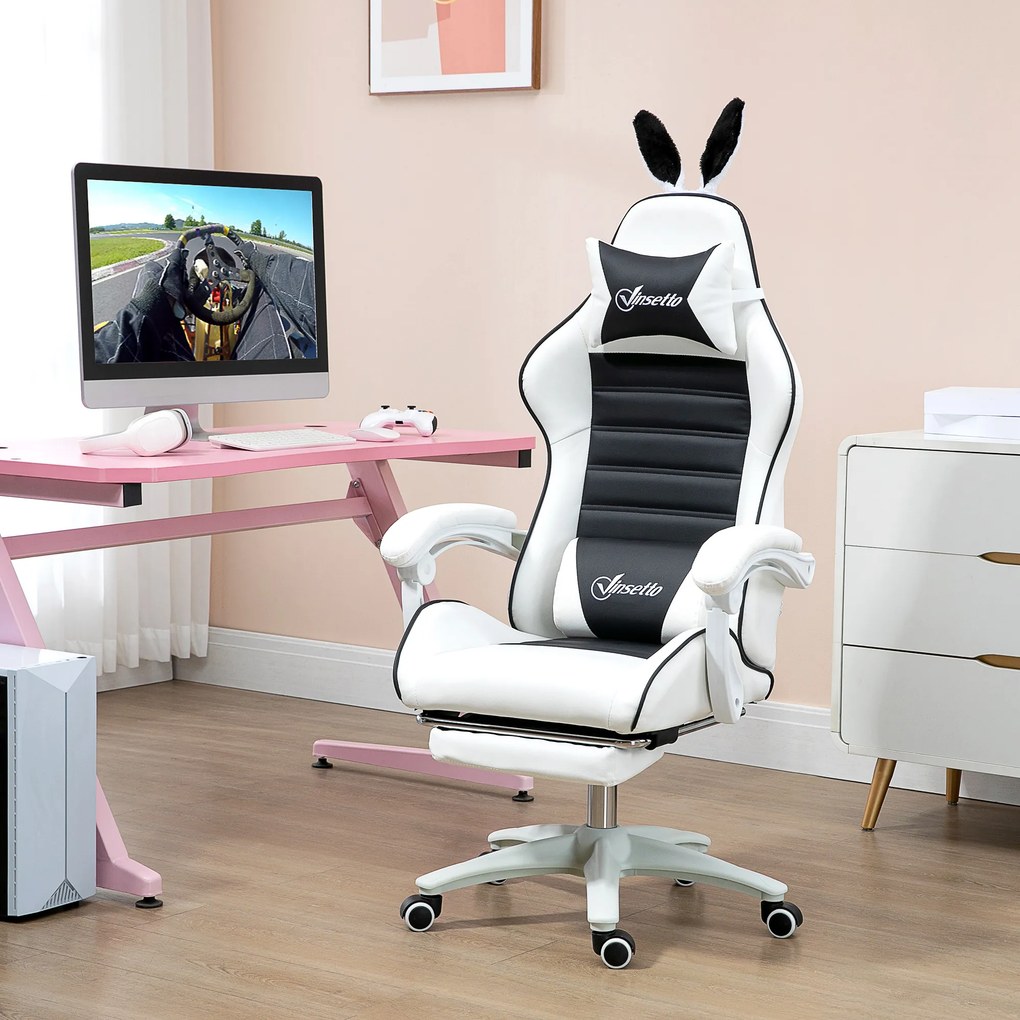 Vinsetto scaun gaming cu urechi de iepuraș, suport pentru picioare, perne, reclinabil și cu înălțime reglabilă, negru | Aosom Romania