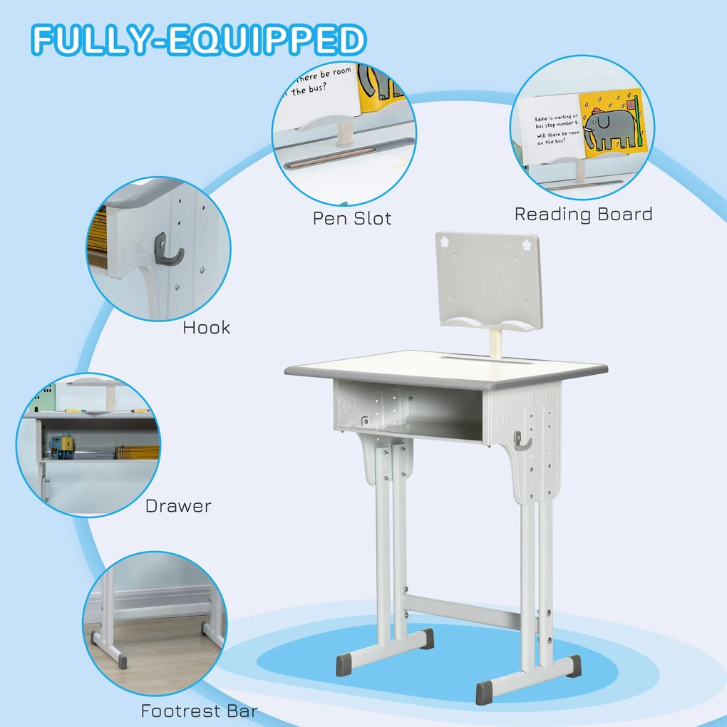 HOMCOM Birou de scoala cu scaun pentru copii 6-12 ani reglabil pe inaltime, pupitru si suport pentru stilou, otel si MDF, gri | Aosom Romania