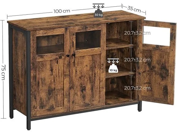 Bufet Cu Usi Din Sticla, Vintage Maro Si Negru, 100 Cm
