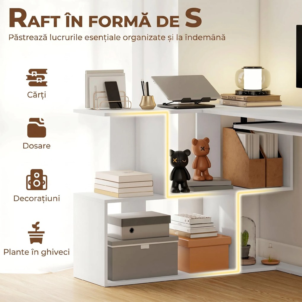 HOMCOM Birou pe Colț Modern cu Tavă Glisantă pentru Tastatură și Rafturi cu 4 Nivele, Alb | Aosom Romania