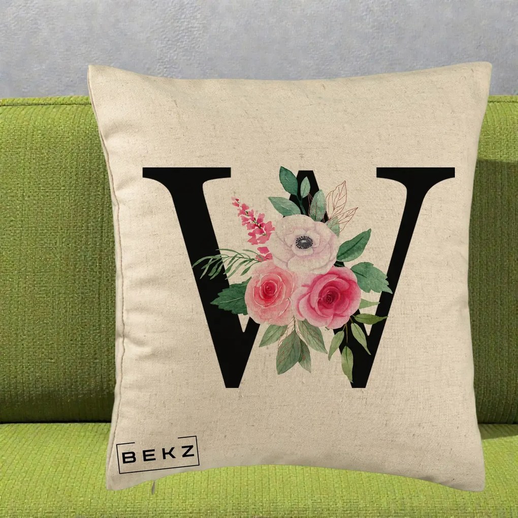 Cadou Personalizat - Perna Personalizata Monograma Florala Litera W cu Trandafiri si Anemona, 40x40 cm, Bej, Husa Detasabila, Perna Inclusa, BEKZ®