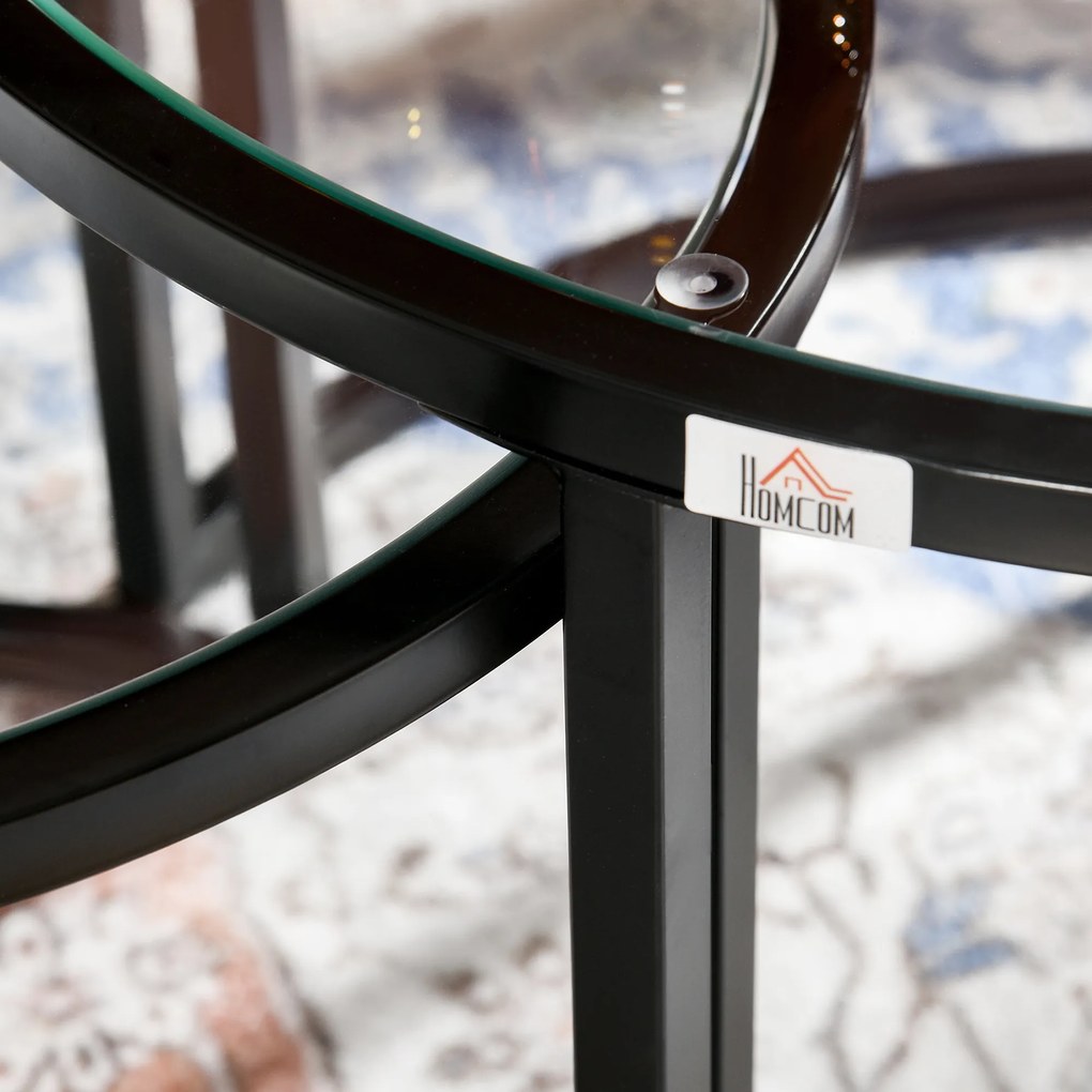 HOMCOM Set de 2 Mese de Cafea Suprapozabile din Sticlă și Oțel, Ø70x47.5 cm și Ø54x42.5 cm, Negru | Aosom Romania