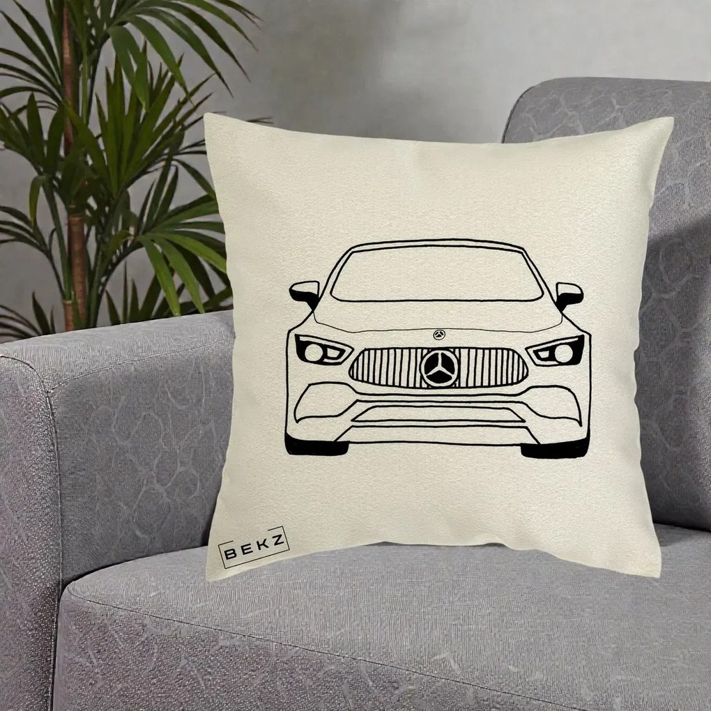 Perna Personalizata Mercedes-Benz Fata Linie, 40x40 cm, Ecru, Husa Detasabila, Perna Inclusa, BEKZ®