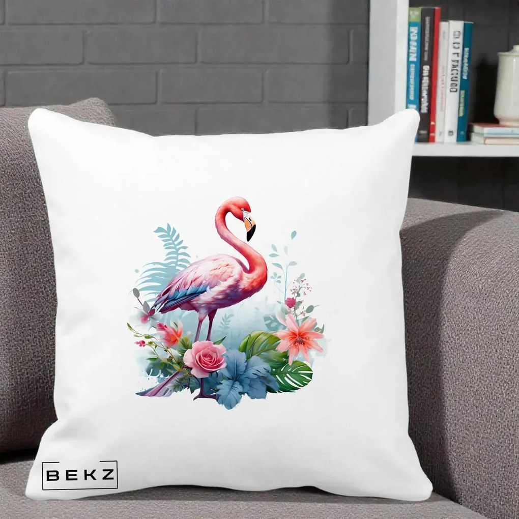 Perna Decorativa Flamingo cu Flori Tropicale Acuarela, 40x40 cm, Alba Mata, Husa Detasabila, Perna Inclusa, BEKZ®