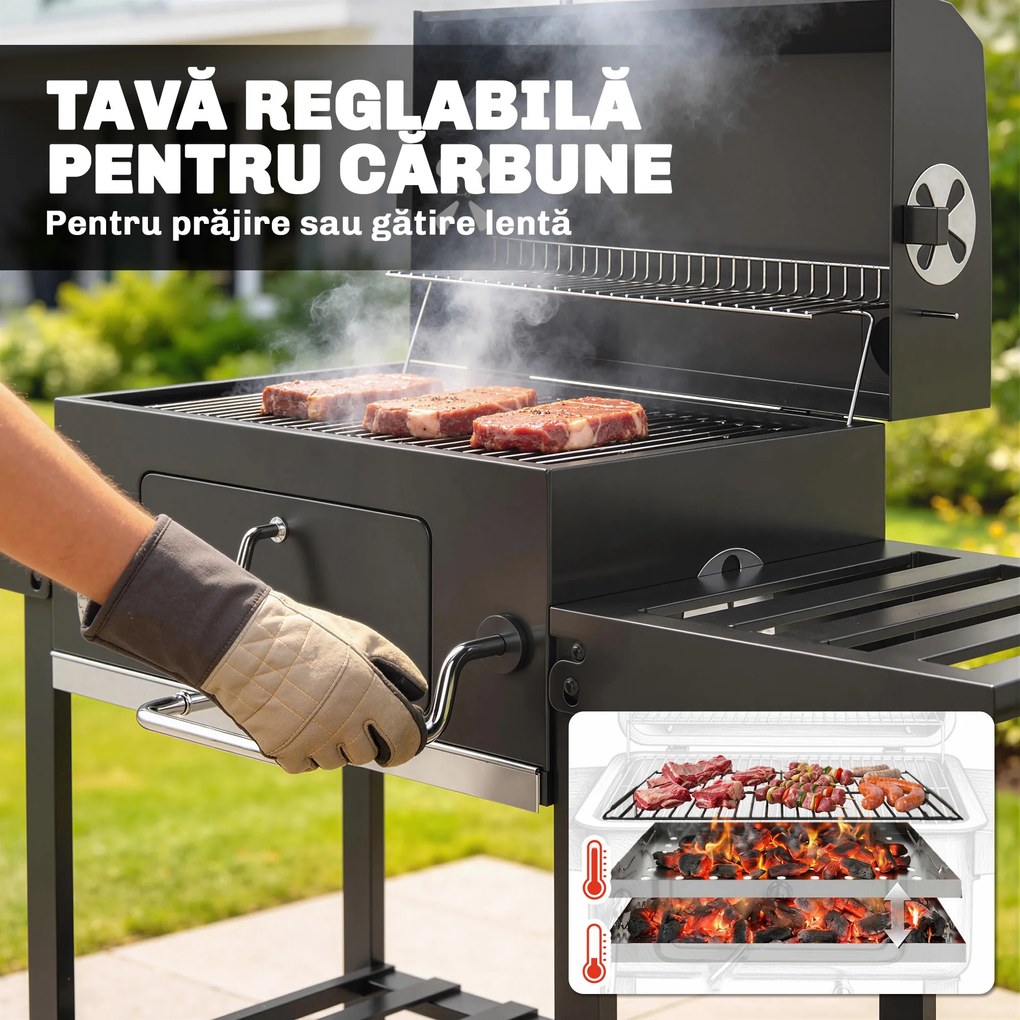 Outsunny grătar pe cărbune, grilă reglabilă, rafturi rabatabile, termometru. | Aosom Romania
