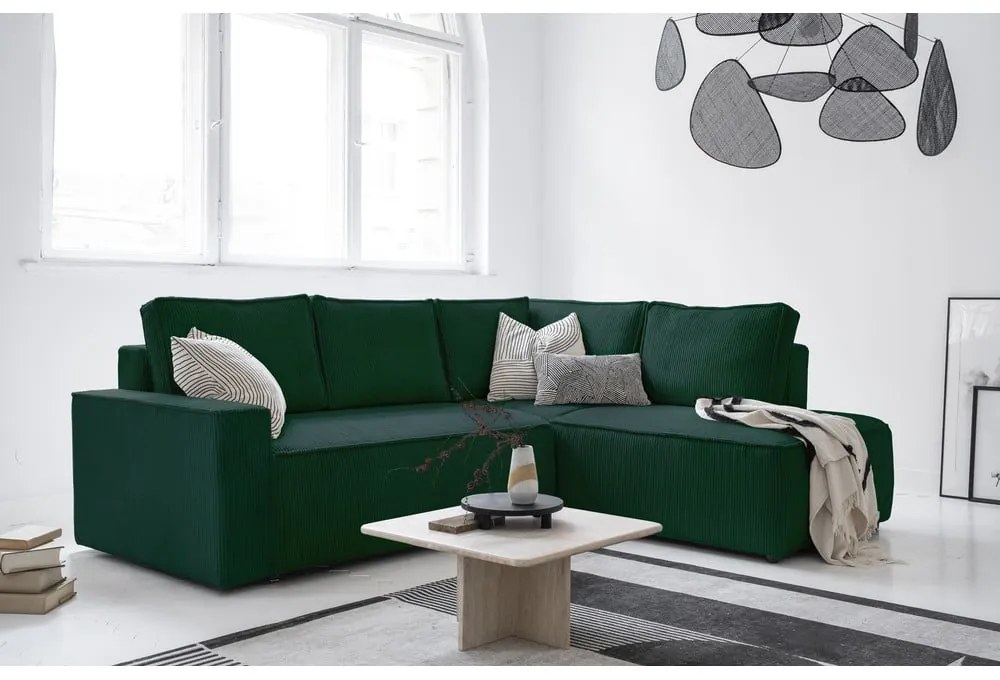 Colțar verde închis extensibil cu tapițerie din catifea reiată (cu colț pe partea dreaptă) Brave Dave – Miuform