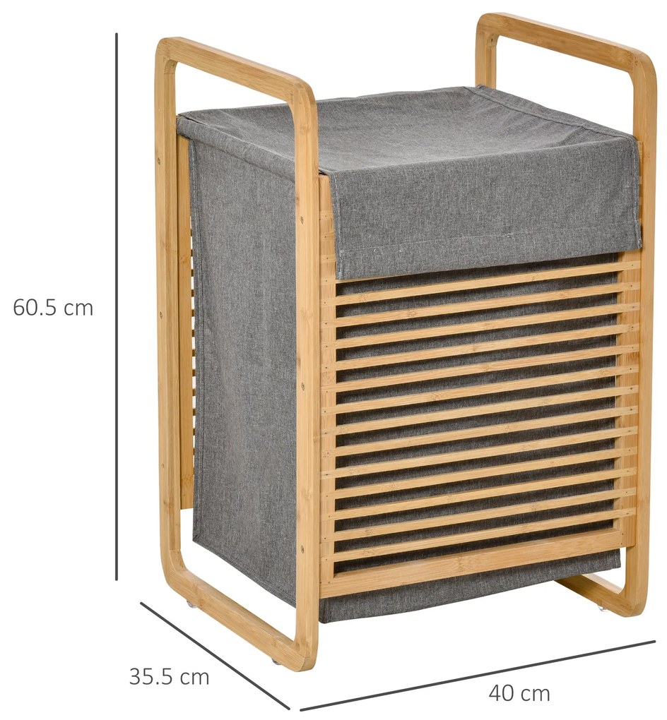 HOMCOM Coș de Rufe Stil Nordic, Mobilier Baie din Bambus și Pânză, Sac Detașabil, 40x35.5x60.5cm, Lemn și Gri | Aosom Romania