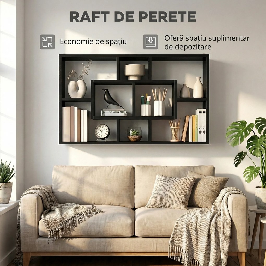 HOMCOM Etajeră de Perete cu 8 Compartimente, 85 x 14,5 x 47,5 cm, Lemn, Negru | Aosom Romania