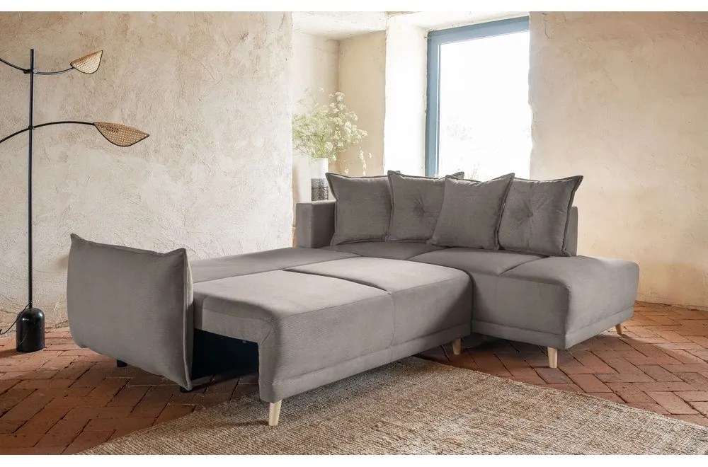 Colțar maro deschis extensibil cu tapițerie din catifea reiată (colț dreapta) Lazy Lukka – Miuform