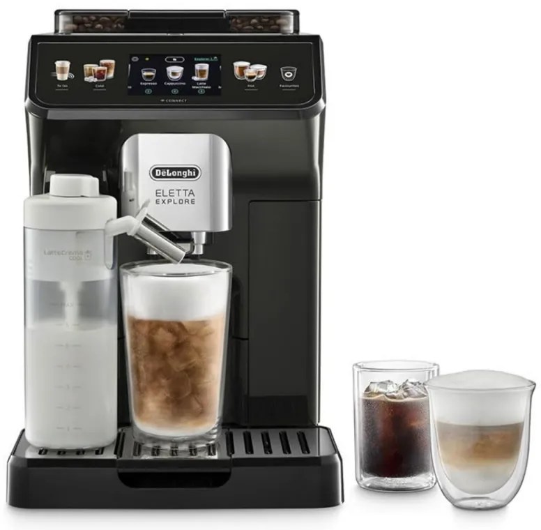 Espressor automat DeLonghi Eletta Explore ECAM450.65.G, 1450W, 19 bar, 1.8l, Wi-Fi, Touch TFT display, LatteCrema hot/cool, Twin Shot, To-Go, Cafea boabe, Negru/Gri