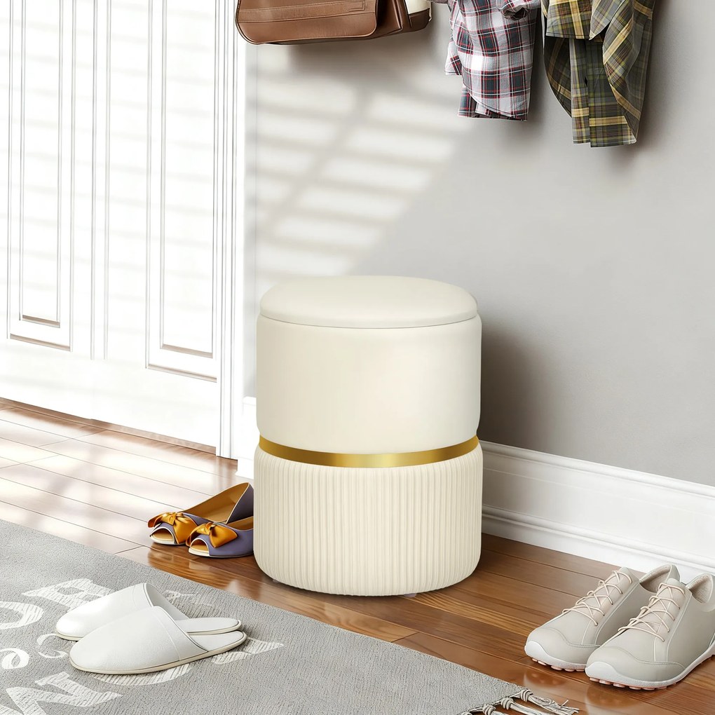 HOMCOM Pouf taburet suport pentru picioare cutie de depozitare din catifea canaletată 36 x 36 x 44 cm pentru living dormitor bej | Aosom Romania