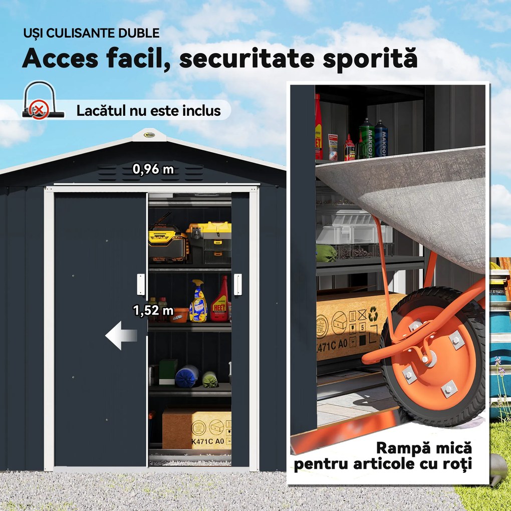 Outsunny Magazie de grădină metalică 2,77 m², 213 x 130 x 185 cm cu fundație, uși culisante, gri închis | Aosom Romania