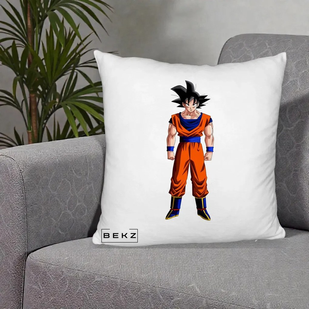 Perna Personalizata Dragon Ball Goku Complet in Gi Portocaliu, 40x40 cm, Alb Pufos, Husa Detasabila, Perna Inclusa, BEKZ®