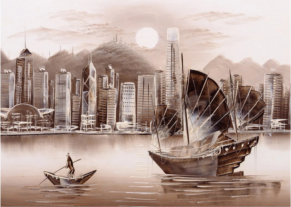 Tablou - Victoria Harbour, Hong Kong, efect sepia (70x50 cm)