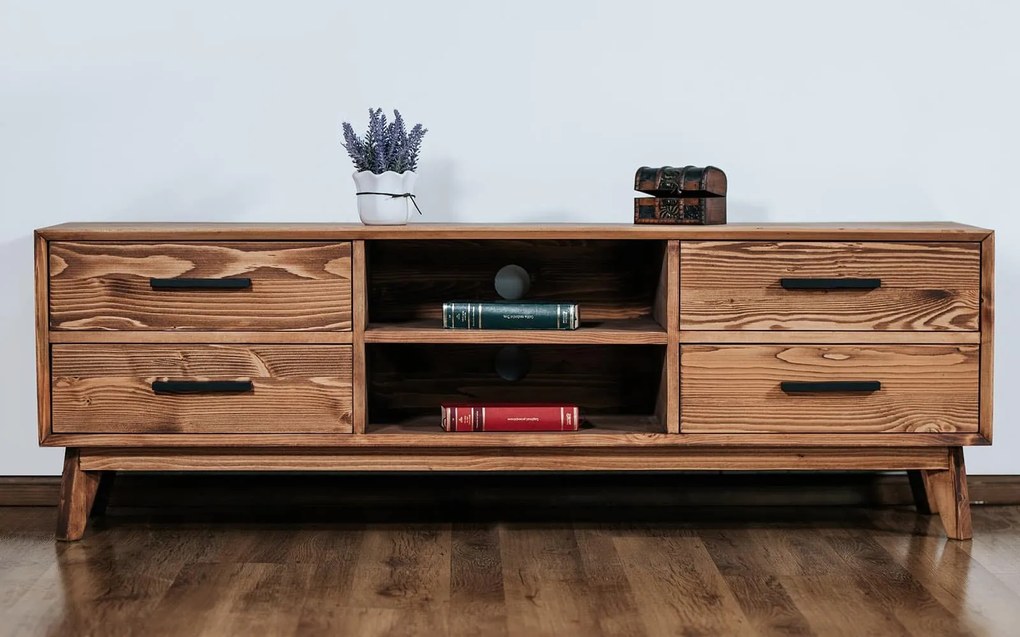 Comodă TV lemn masiv Timeless 4 Sertare 2 Nișe Whisky, 146 × 40 × 48 cm