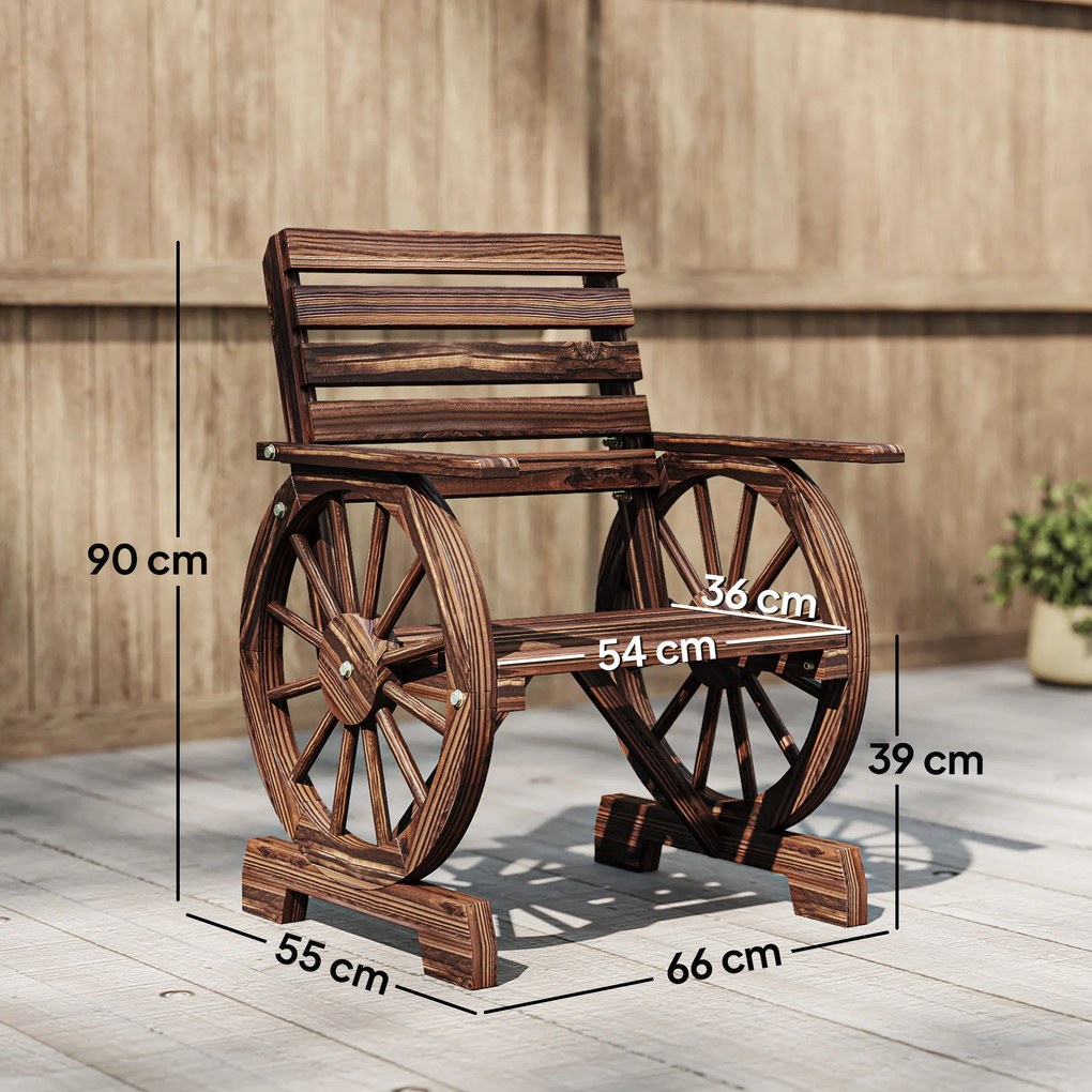 Outsunny Bancă de Grădină din Lemn cu Șipci 1 Loc, Scaun de Exterior cu Cotiere și Roată, Fotoliu Masiv, Șezut Spațios, Spătar Înclinat, Grădină, Curte, Verandă, Carbonizat | Aosom Romania