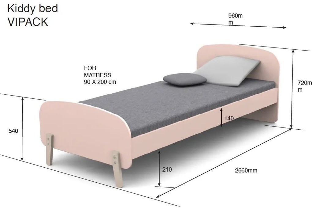 Set KIDDY în roz format dintr-un Pat copii (90x200), noptieră și 2 rafturi de perete (45 și 65 cm).