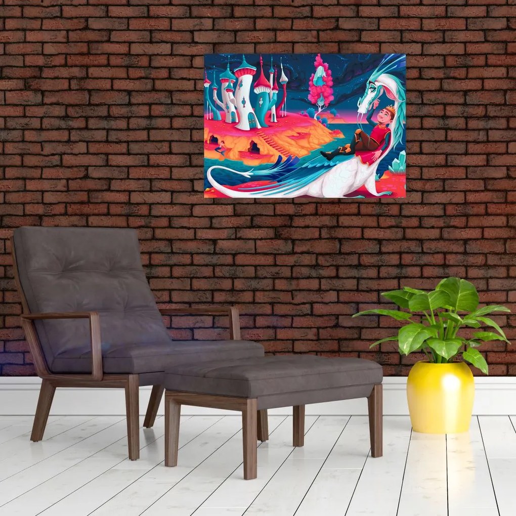 Tablou pe sticlă - Prinț și prințesa cu dragon (70x50 cm)
