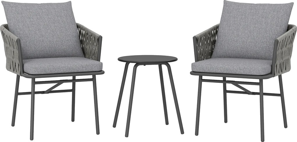 Outsunny Set mobilier exterior 3 piese, 2 scaune, 1 masă, set bistro, rattan sintetic, cadru din oțel, masă metalică, 4 perne, gri | Aosom Romania