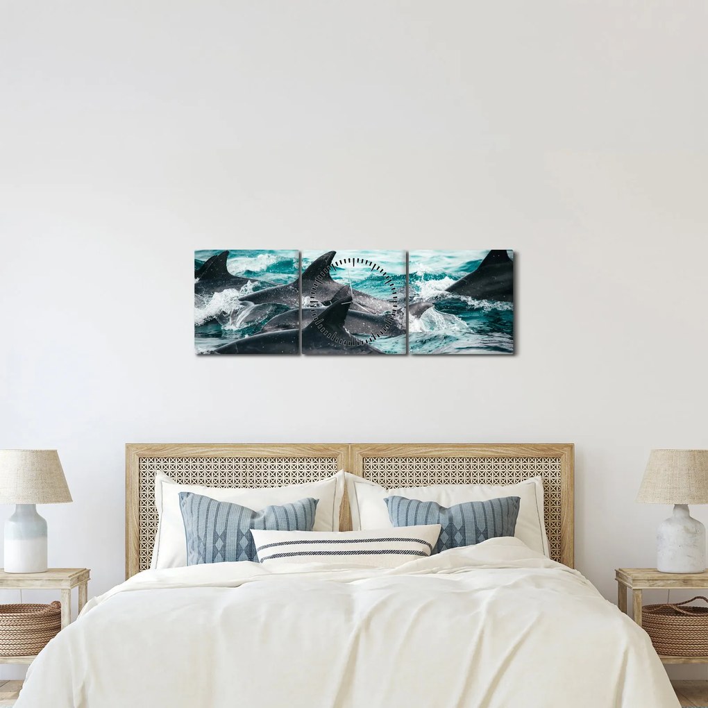 Tablou - Delfini în ocean (cu ceas) (90x30 cm)
