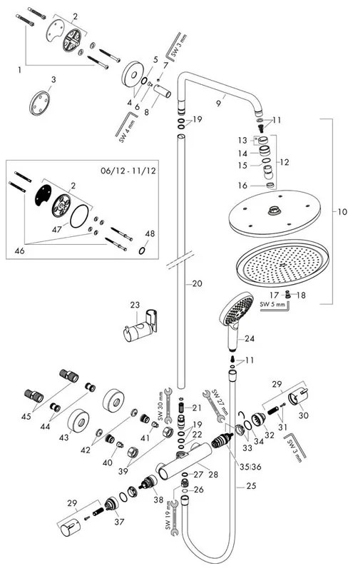 Coloana de dus cu baterie termostatata, Hansgrohe, Croma Select S, cu bara si suport dus, bronz periat