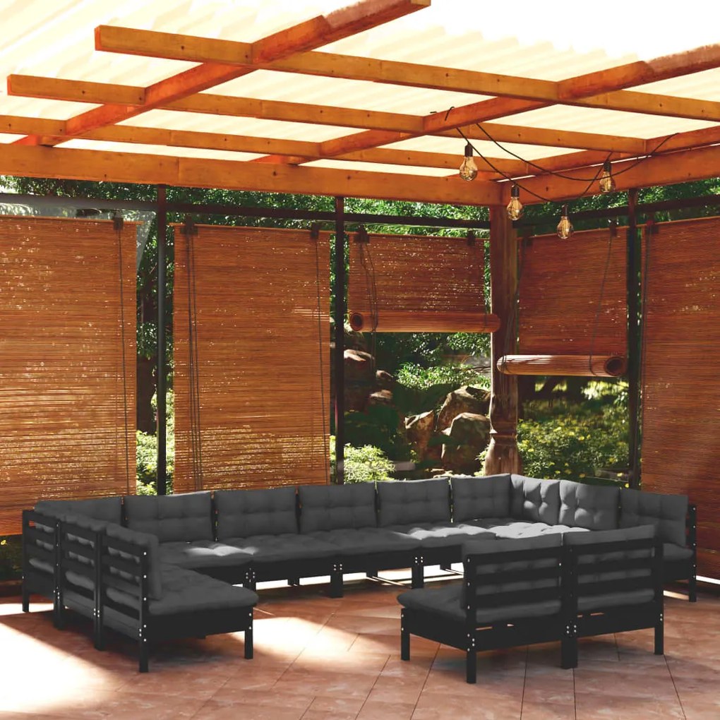 3097227 vidaXL Set mobilier grădină cu perne, 12 piese, negru, lemn masiv pin