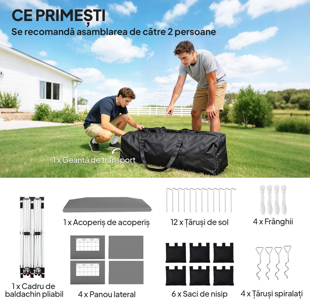 Outsunny Foișor 3x6 m Pliabil Tip Pop-Up cu Înălțime Reglabilă, Pereți Laterali, Benzi Reflectorizante, Saci de Nisip, Geantă de Transport, UV50+, pentru Camping, Petreceri, Gri Deschis | Aosom Romania