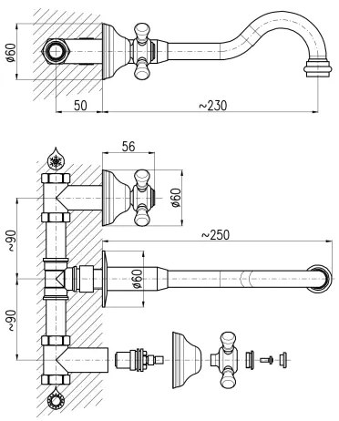 RAV Slezák MK131SM - Baterie pentru lavoar, montaj încastrat MORAVA RETRO, alamă