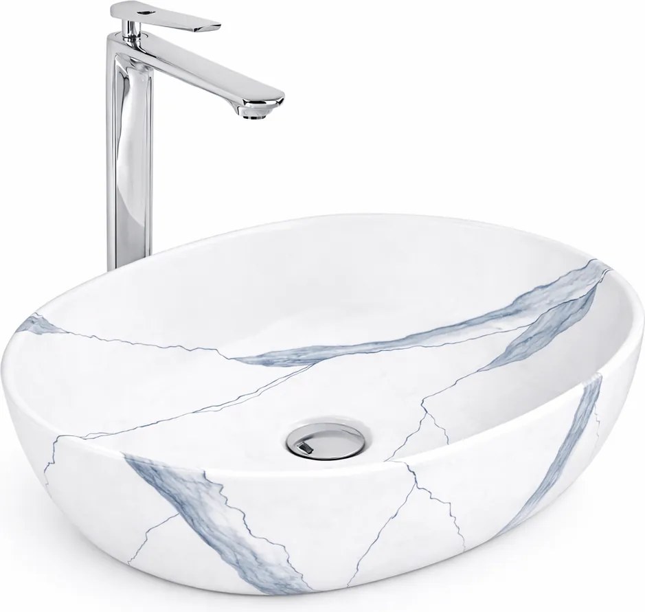 LIGNANO-M || Lavoar montat pe blat, ceramică, alb, cu model marmură, oval