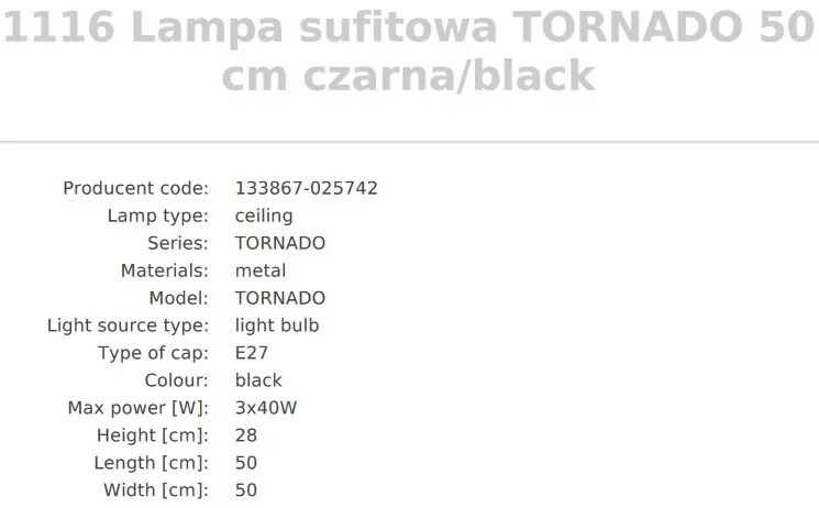 Plafoniera design modern Tornado negru 50cm