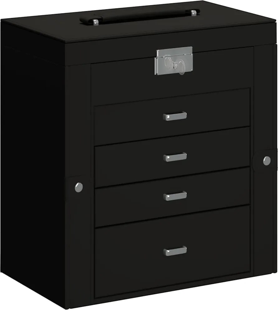 vidaXL Cutie de bijuterii cu 5 straturi cu oglindă încuiată neagră