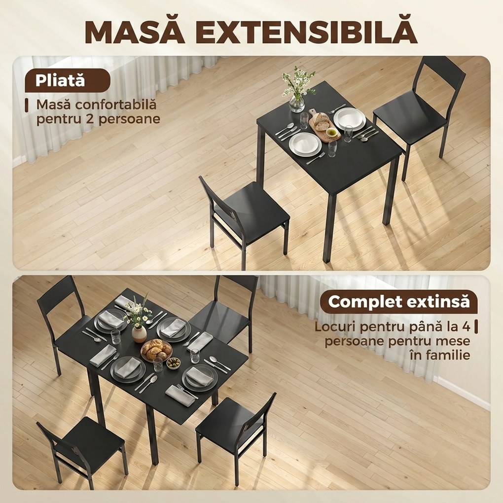 HOMCOM Set Masă și Scaune Dining 5 Piese Extensibil cu MDF și Metal, 80-120 cm, 4 Scaune Stivuibile, Negru | Aosom Romania