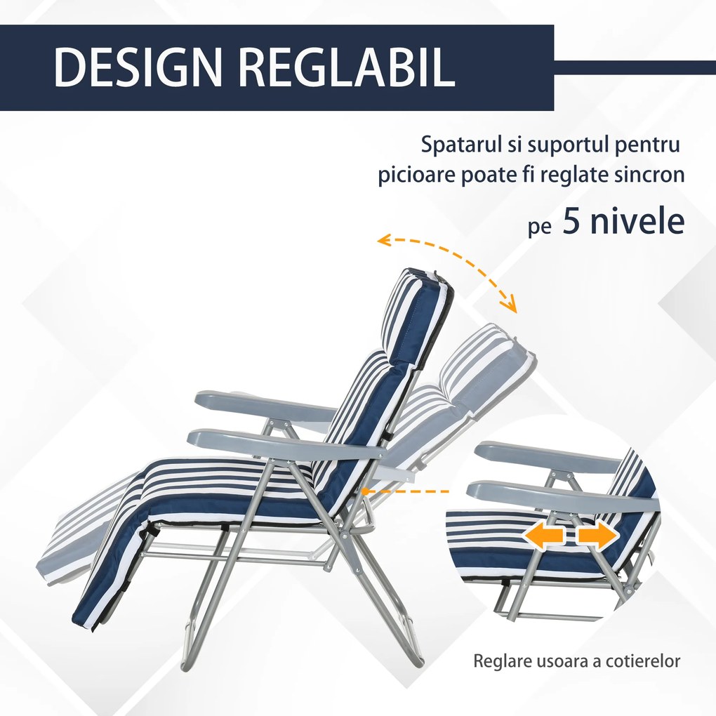 Outsunny Set 2 Scaune Șezlong de Grădină, cu Căptușeală cu Brațe Reclinabile, alb și albastru