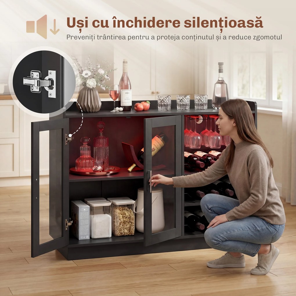 HOMCOM Dulap Port-Sticle cu Lumini LED RGB și Suport pentru 12 Sticle, Dulap pentru Vinuri cu Raft Reglabil și Uși cu Închidere Lentă din Sticlă pentru Casă, Bucătărie și Sufragerie, Negru | Aosom Romania