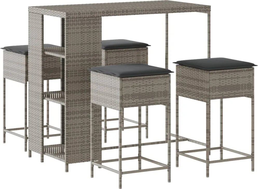 vidaXL Set mobilier bar de grădină, cu perne, 5 piese, gri, poliratan