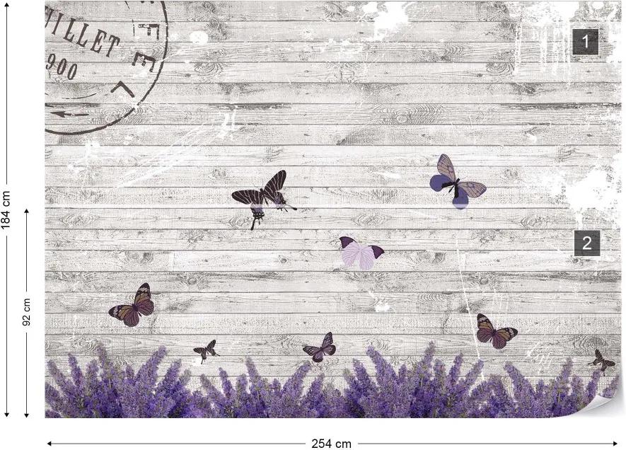 GLIX Fototapet - Butterflies Lavender Flowers Vintage Wood Design Vliesová tapeta  - 254x184 cm