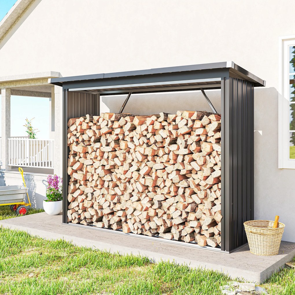 Outsunny Adăpost pentru Lemne din Oțel Exterior, Bază Ridicată și Acoperiș Înclinat, 213x66.5x150 cm, Gri Închis | Aosom Romania