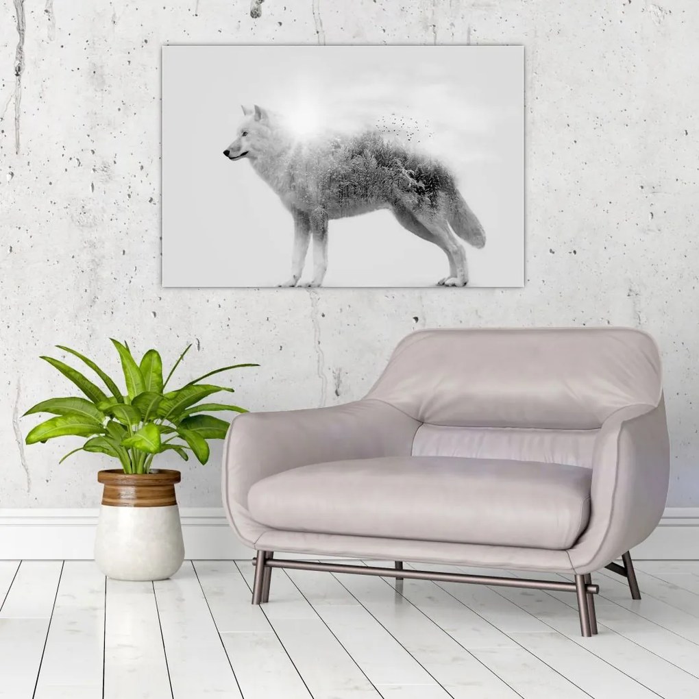 Tablou - Lupul arctic oglindit în peisajul sălbatic, alb-negru (90x60 cm)