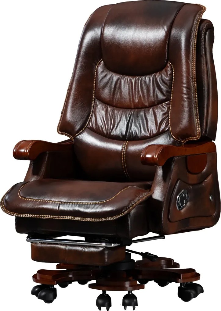 RESIGILAT- Scaun directorial din piele naturala si lemn masiv, Masaj in 9 puncte si Incalzire, rezistent 150 kg, Maro