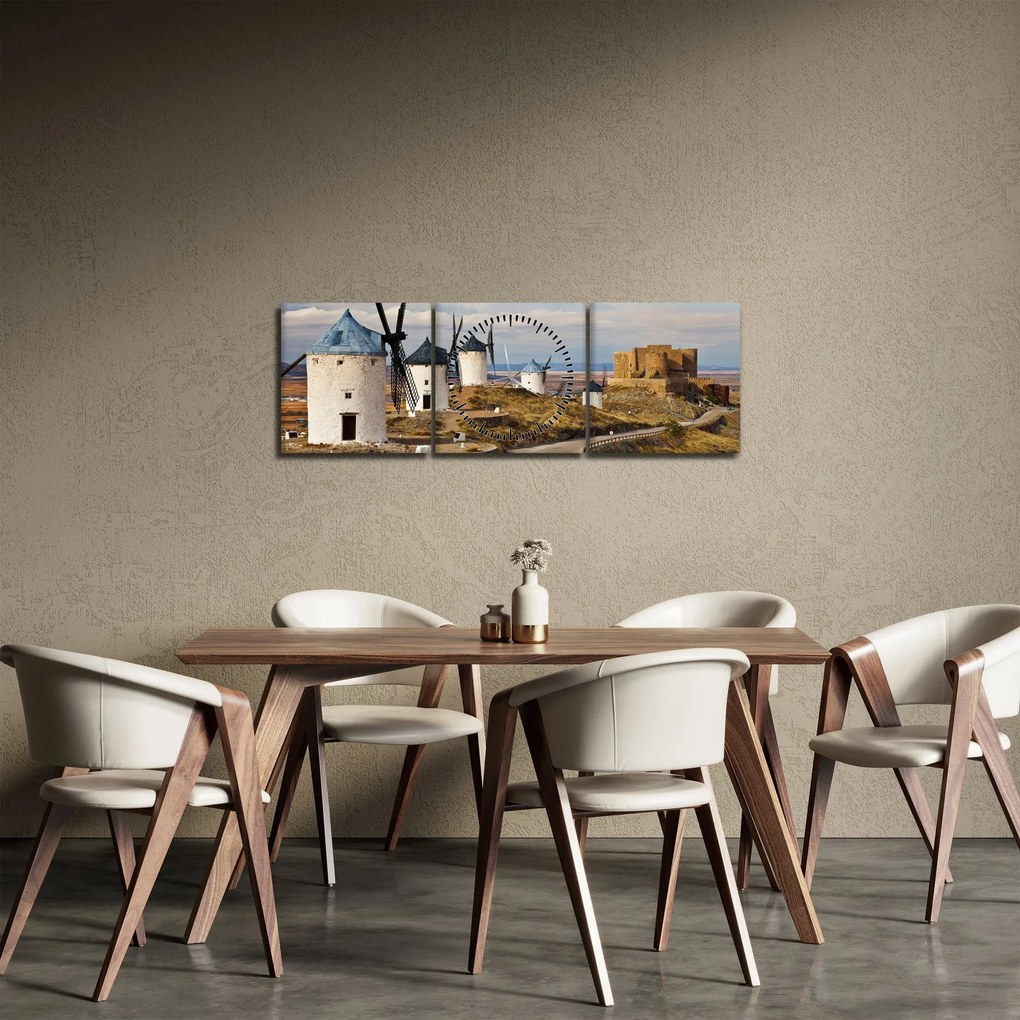 Tablou - Morile de vânt din Consuegra, Spania (cu ceas) (90x30 cm)