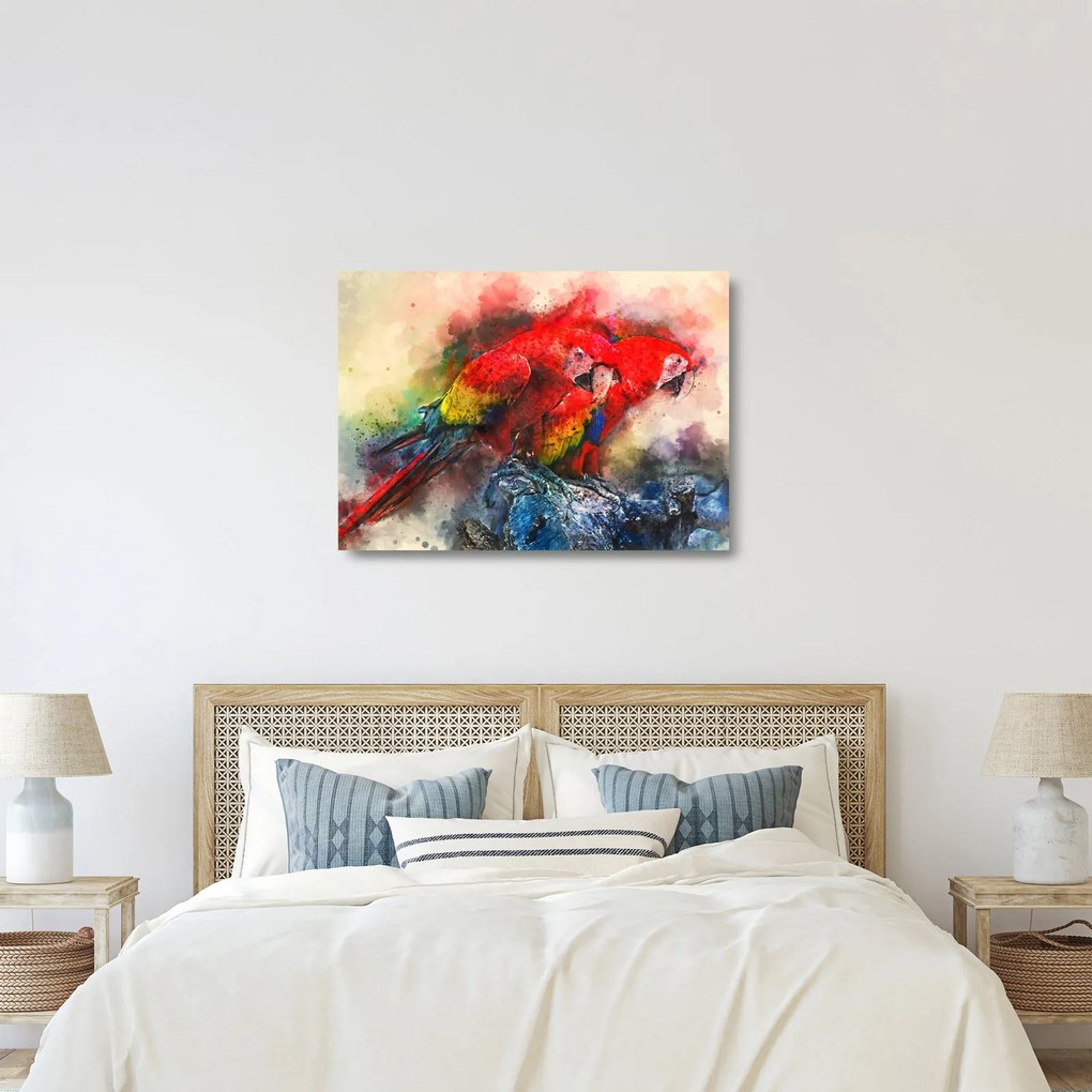 Tablou pe sticlă - Papagali roșii ara (70x50 cm)