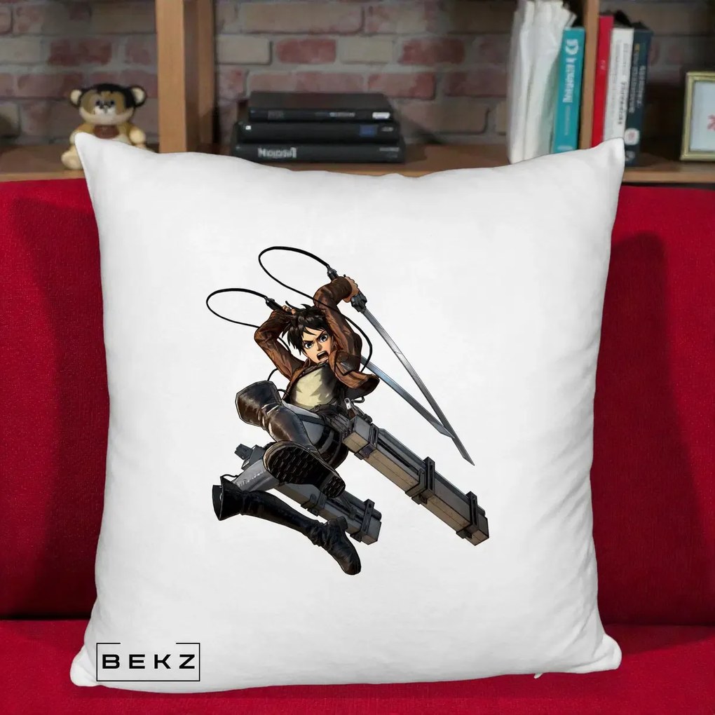 Perna Personalizata Attack on Titan Eren Yeager Lupta, 40x40 cm, Alb Pufos, Husa Detasabila, Perna Inclusa, BEKZ®