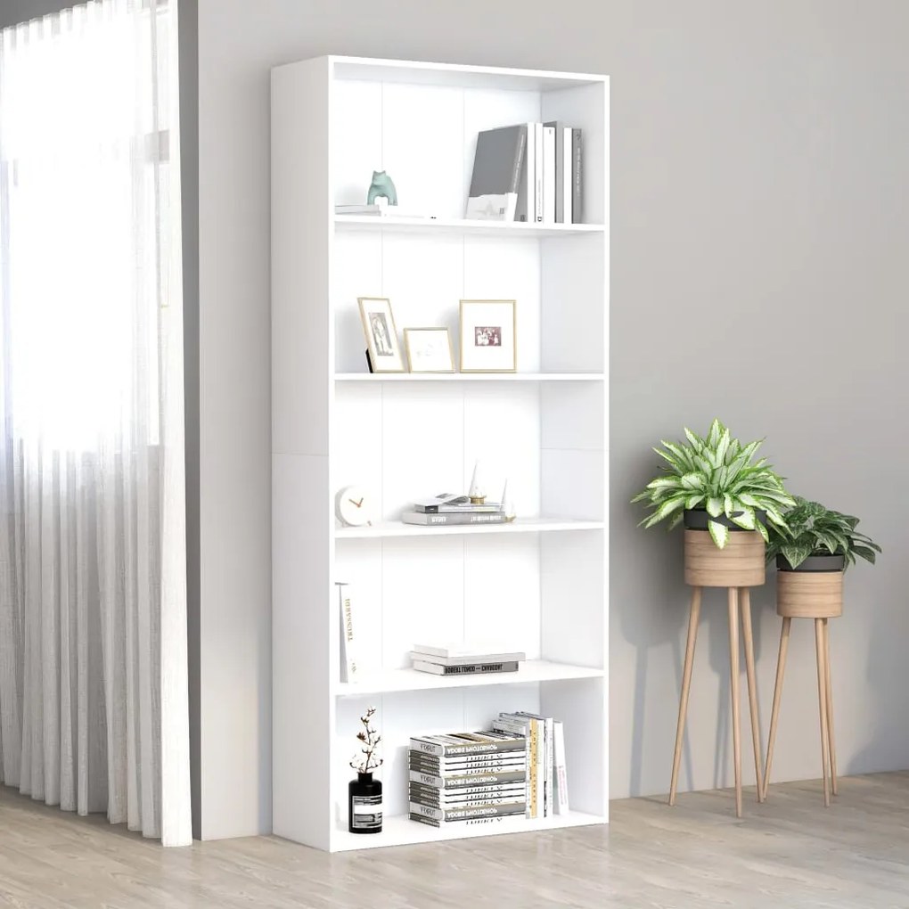 801026 vidaXL Bibliotecă cu 5 rafturi, alb, 80x30x189 cm, lemn prelucrat