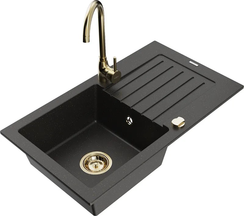 Mexen Pablo chiuvetă de granit cu 1 compartiment, cu scurgător și baterie de bucătărie Telma, negru/auriu